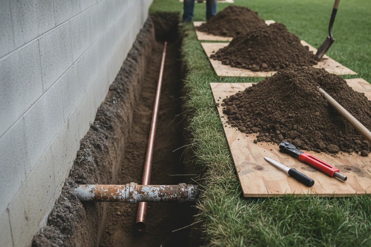 Excavated water line trench during Sewer Line Repair in Fayville